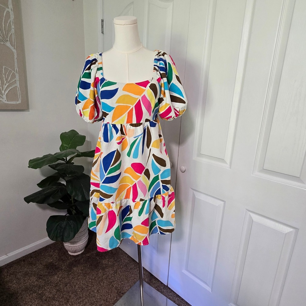 Tabitha Brown Dress Womens S Multicolor Tropical Leaf Linen Blend Puff Sleeve